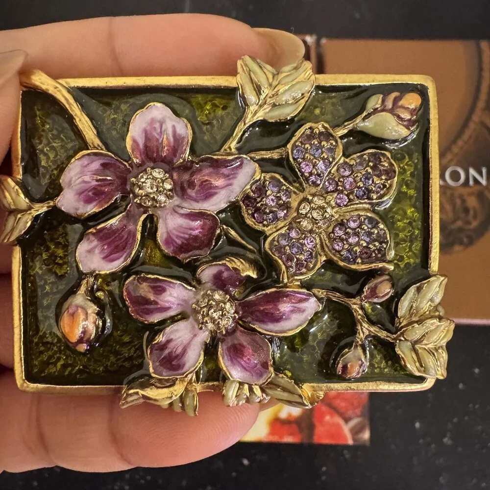Jay Strongwater Enamel Floral Purple Flowers Crystal Compact Mirror w/ Box Small